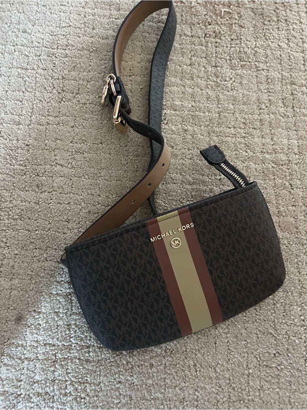 Michael Kors Brown Logo Crossbody Belt Bag with Brown Stripe